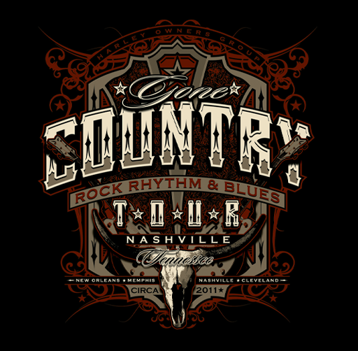 Apparel design and event logo featuring the words 'Gone Country' with a cowboy skull, guitars, and decorative elements, promoting a music event in Nashville with rock, rhythm, and blues themes.