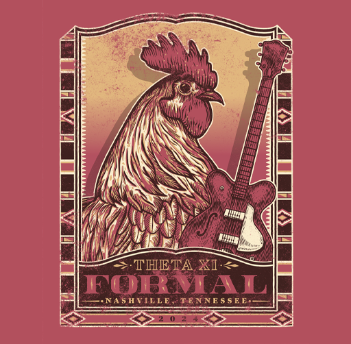 Apparel design of stylized illustration of a rooster with an electric guitar, featuring vintage design elements and text that says "Thet a XII Formal Nashville, Tennessee 2024."