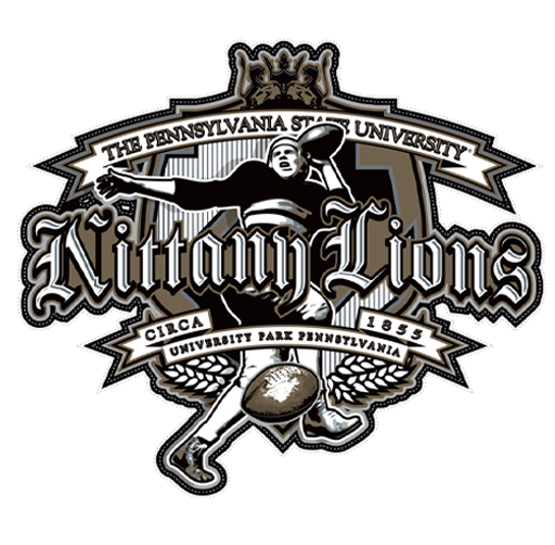 Apparel design of Nittanning Lions, Penn State, a community service organization affiliated with Pennsylvania State University in University Park, Pennsylvania, established in 1885. It features a running lion and a football.