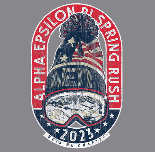Apparel design featuring a knitted winter hat with an American flag pattern, goggles reflecting Earth from space, and text that reads "Alpha Epsilon On Pison Sprin Rush 2023 Beta Nu Chapter".