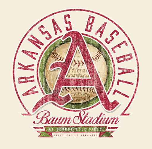 Apparel design for the University of Arkansas Baseball featuring a large red letter A, a baseball in the background, and text for Baum Stadium at George Cole Field in Fayetteville, Arkansas.