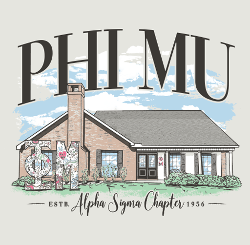 Apparel design illustration of a house with a chimney, trees, and a porch, with the text 'PHI MU' above and 'Alpha Sigma Chapter 1956' below.