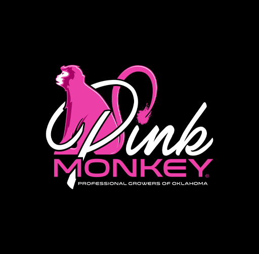 Logo for Pink Monkey, a professional grower in Oklahoma, featuring a pink monkey silhouette with a tail forming a heart, and stylized pink and white text.