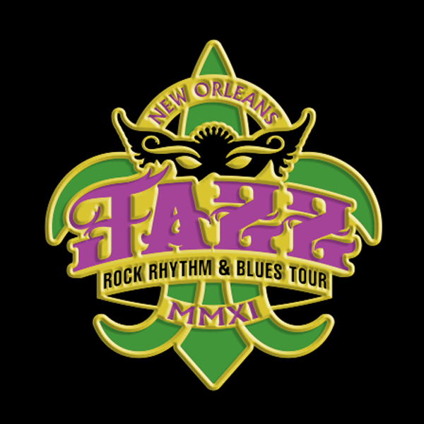 Design for the New Orleans Jazz & Heritage Festival 2024, with purple text 'FATL' and yellow banner 'Rock Rhythm & Blues Tour' on a black background.