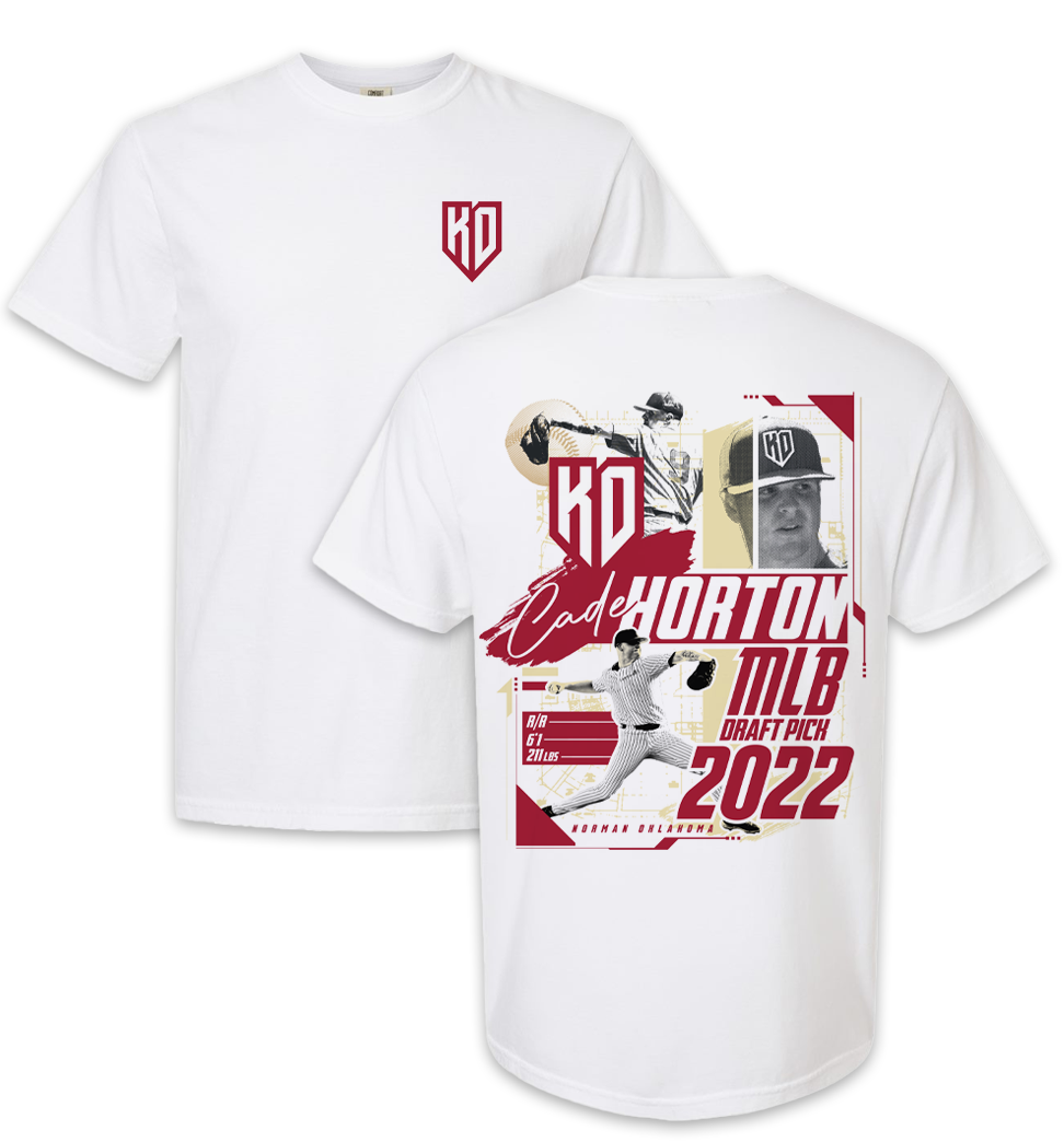 White baseball t-shirt with graphic design of a baseball player and text indicating draft pick by Oklahoma in 2022 Cade Horton.