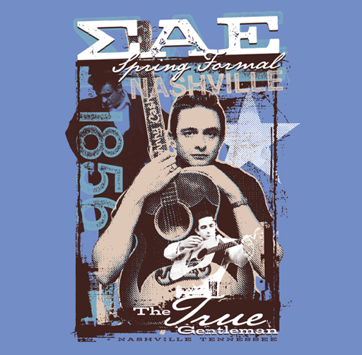 Apparel design featuring a young man holding a guitar and a guitar picture, with text that reads 'SFA Spring Formal Nashville' and 'The True Gentleman Nashville Tennessee'.