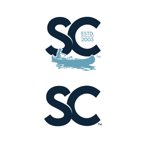 Two logo designs with the letters 'SC'. The top logo includes a small illustration of a person kayaking, with the text 'ESTD. 2003'.