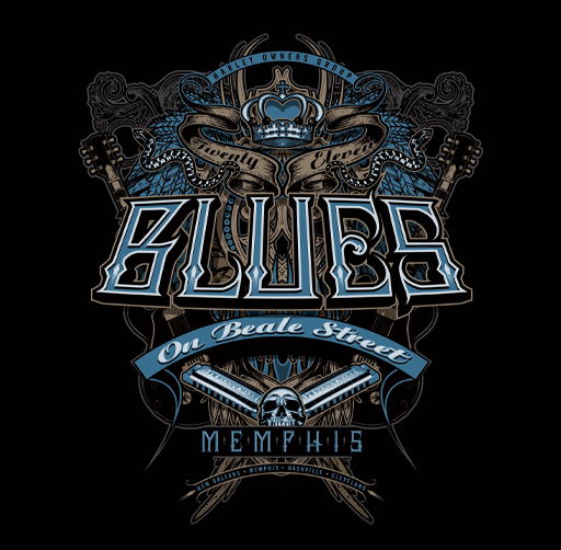 Apparel design and event logo with a skull, crown, and crossed pistols, featuring the words "Harley Owners Group," "Twenty Seven Blue," and "On Beale Street Memphis."