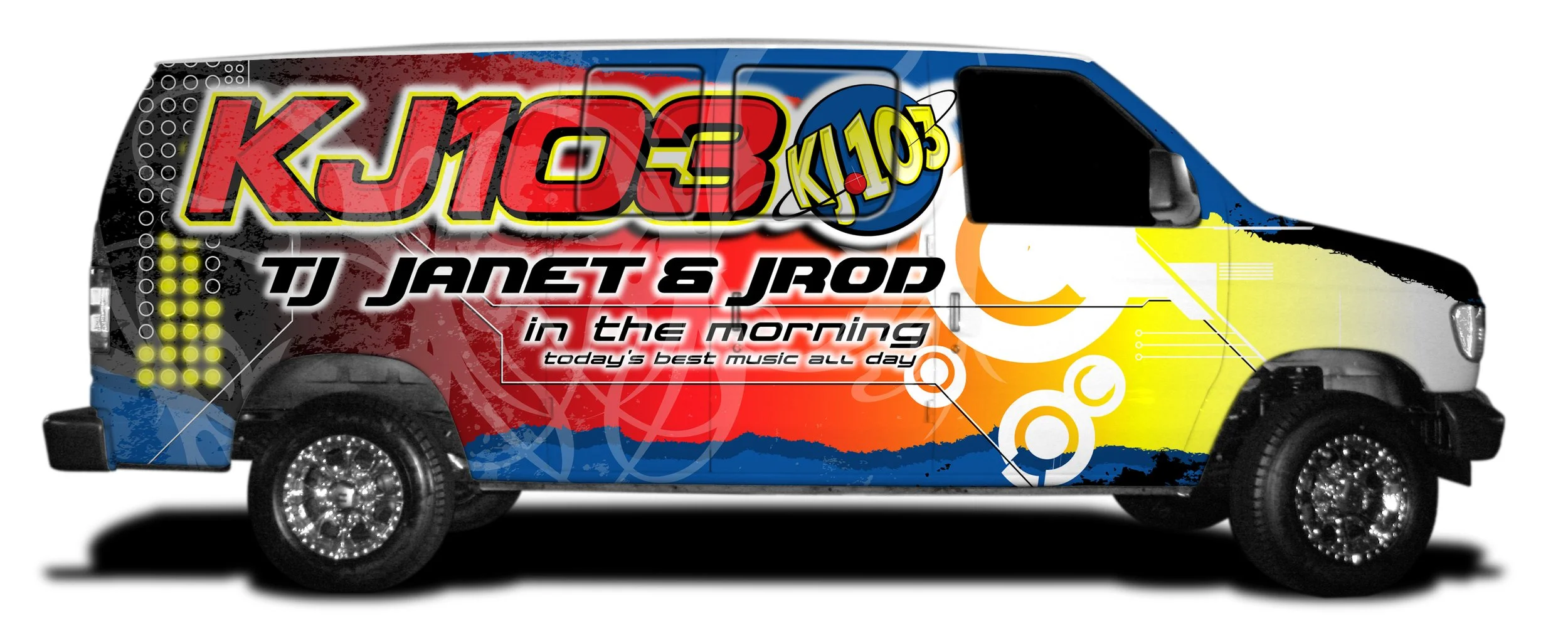 Colorful radio station van with graphics, text, and musical theme, featuring bold lettering of K103 and JET JANET & JROD in the morning.