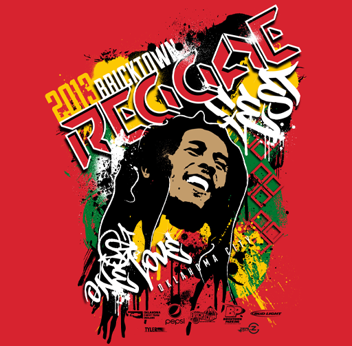 Poster for the 2018 Bricktown Reggae Fest concert featuring a smiling man with dreadlocks, surrounded by colorful reggae-themed graphics and text.