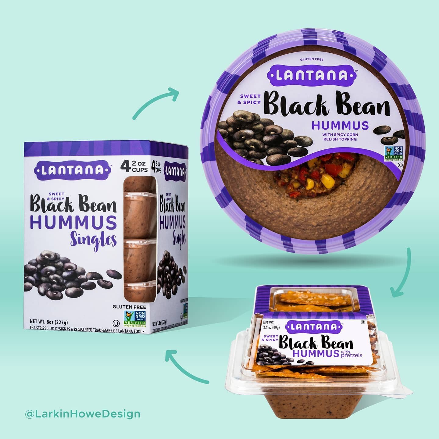 Brand and callout consistency across packaging is so important for #cpg products! 

Here is an example from a previous role I had at Lantana Foods. The basic 10 oz tub of hummus was final and the challenge was designing the same flavor for smaller fo