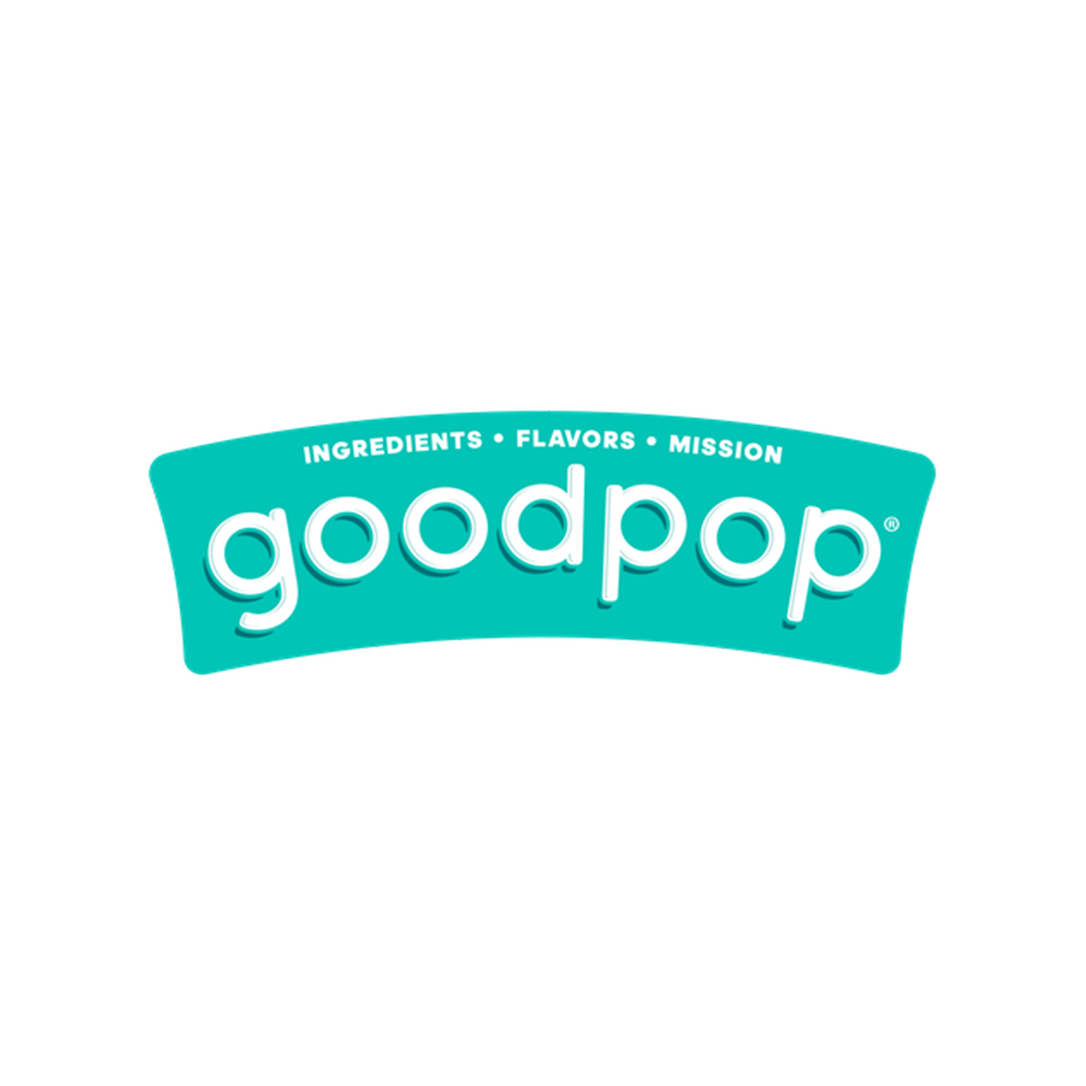 Goodpop logo with the words 'Ingredients, Flavors, Mission' on a turquoise background