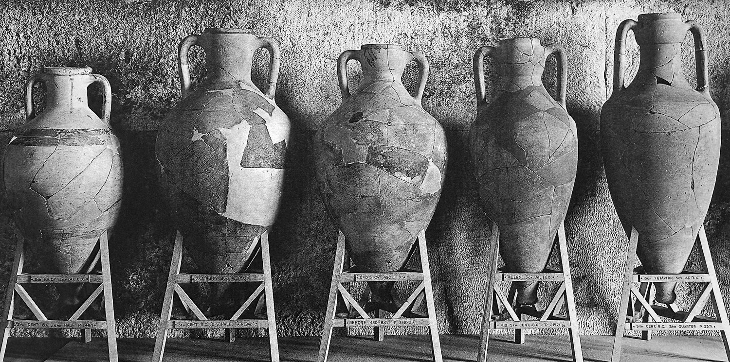 Fig.1) Wine Amphorae, Ancient Greek, circa 6th to 5th century B.C. made in Chios, from Athens. (Athens, Agora)