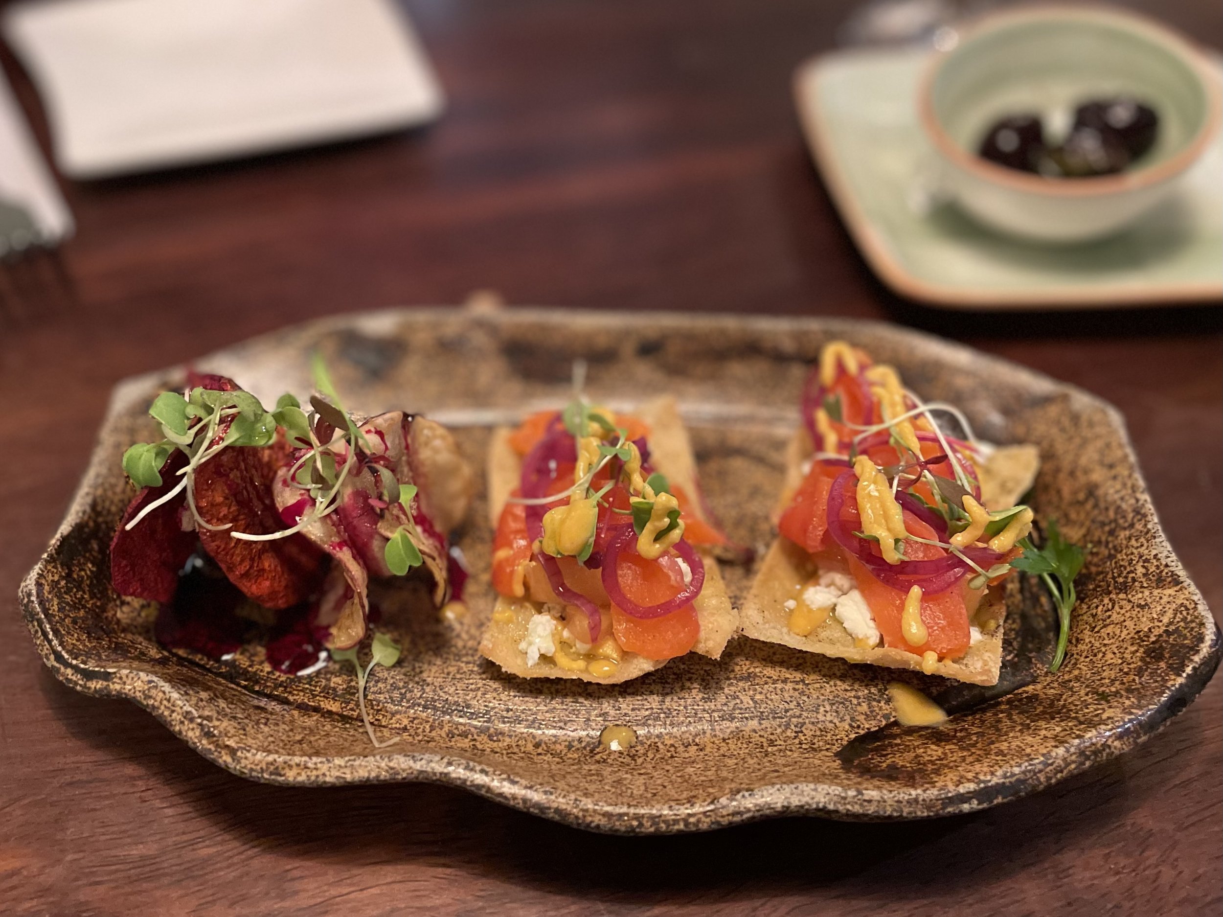 Tapas: Potato and pâté (left) &amp; smoked trout (right)