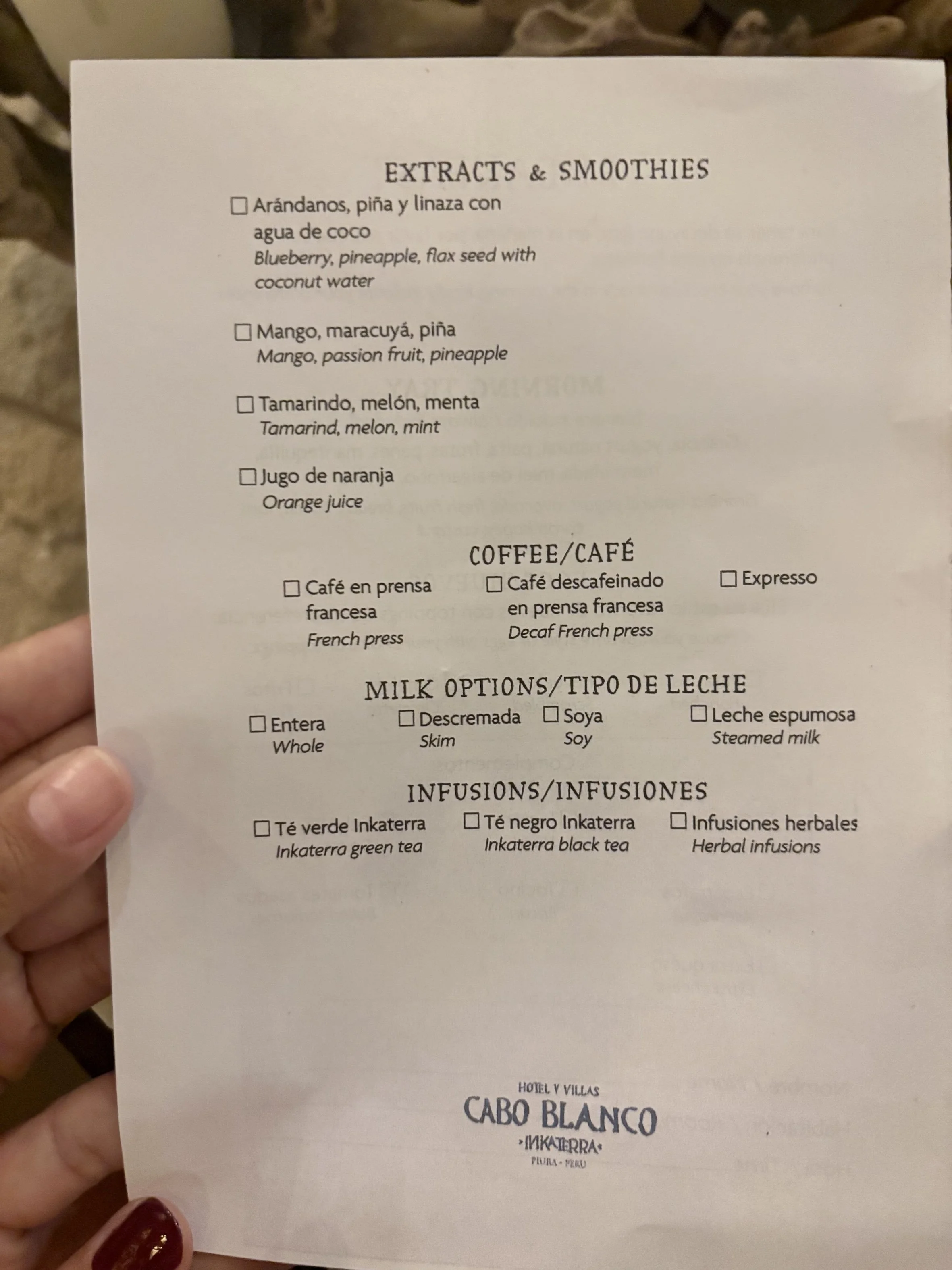 breakfast menu Inkaterra Cabo Blanco Peru