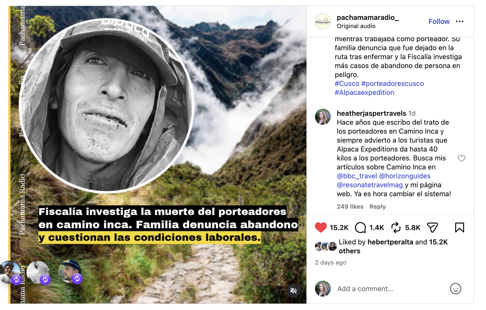 Gabriel Ríos Mamani muere trabajando por Alpaca Expeditions
