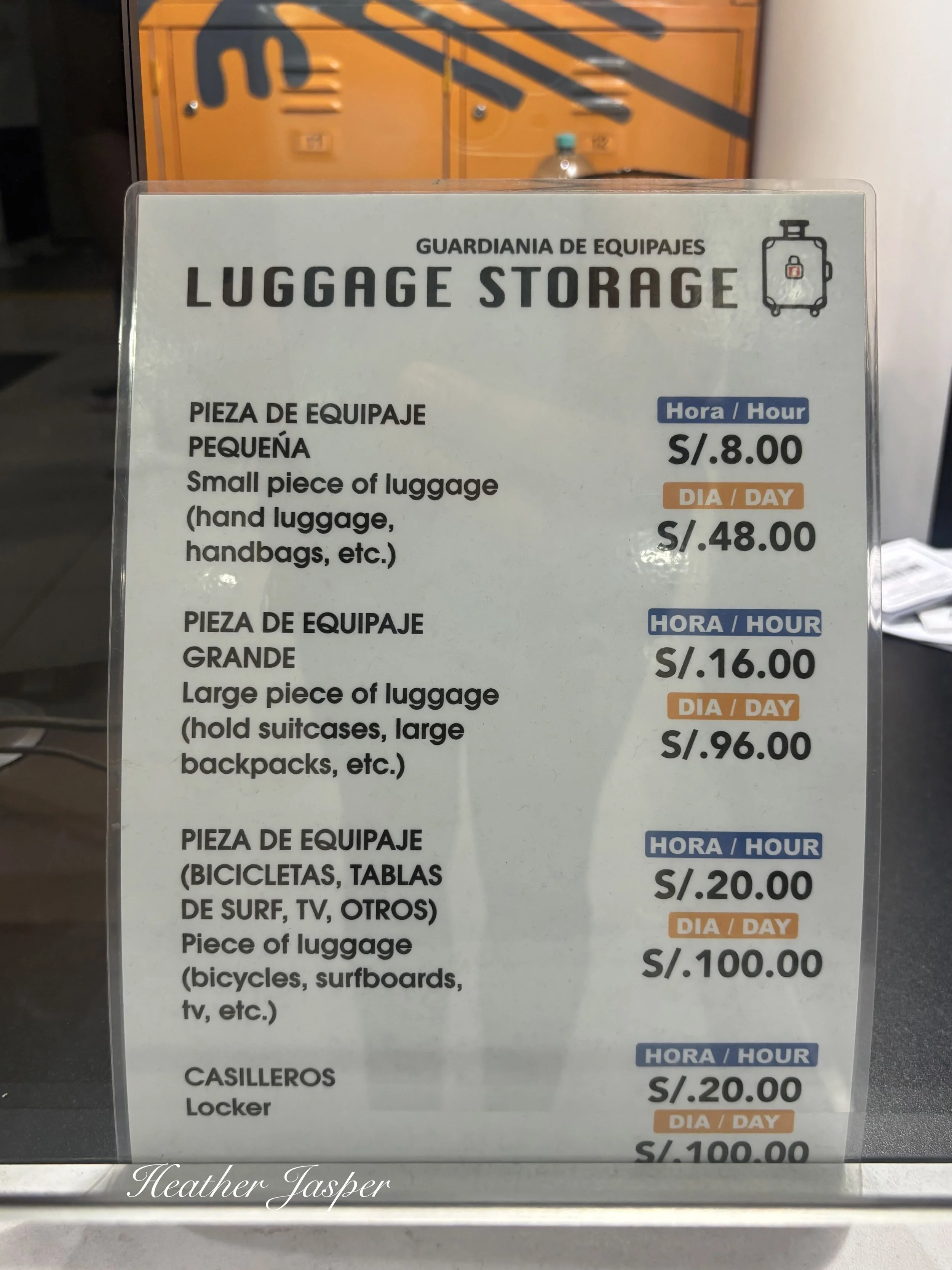 prices for left luggage at the Lima airport Peru