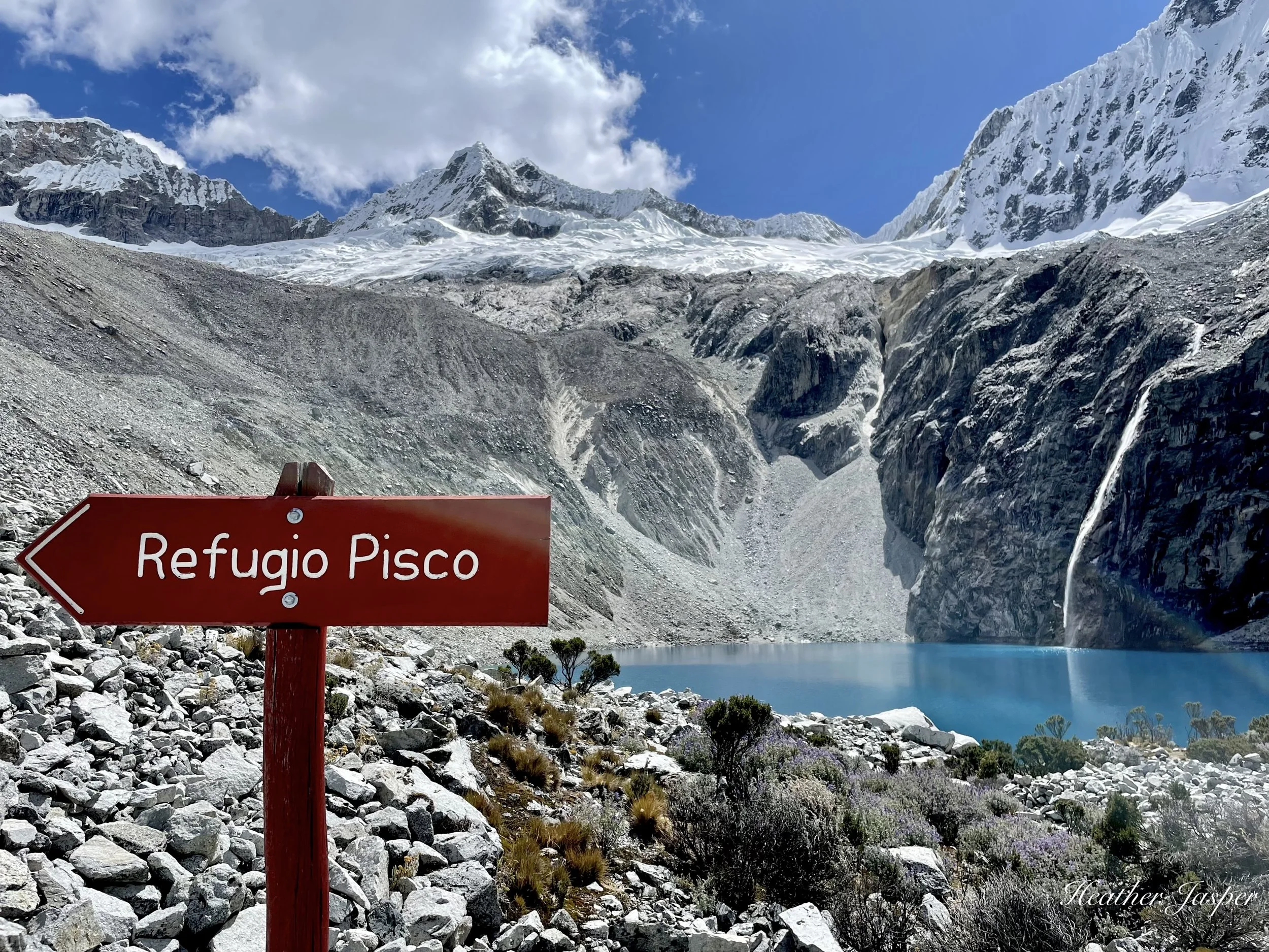 refugio Pisco sign at Laguna 69 Parque Nacional Huascaran Peru