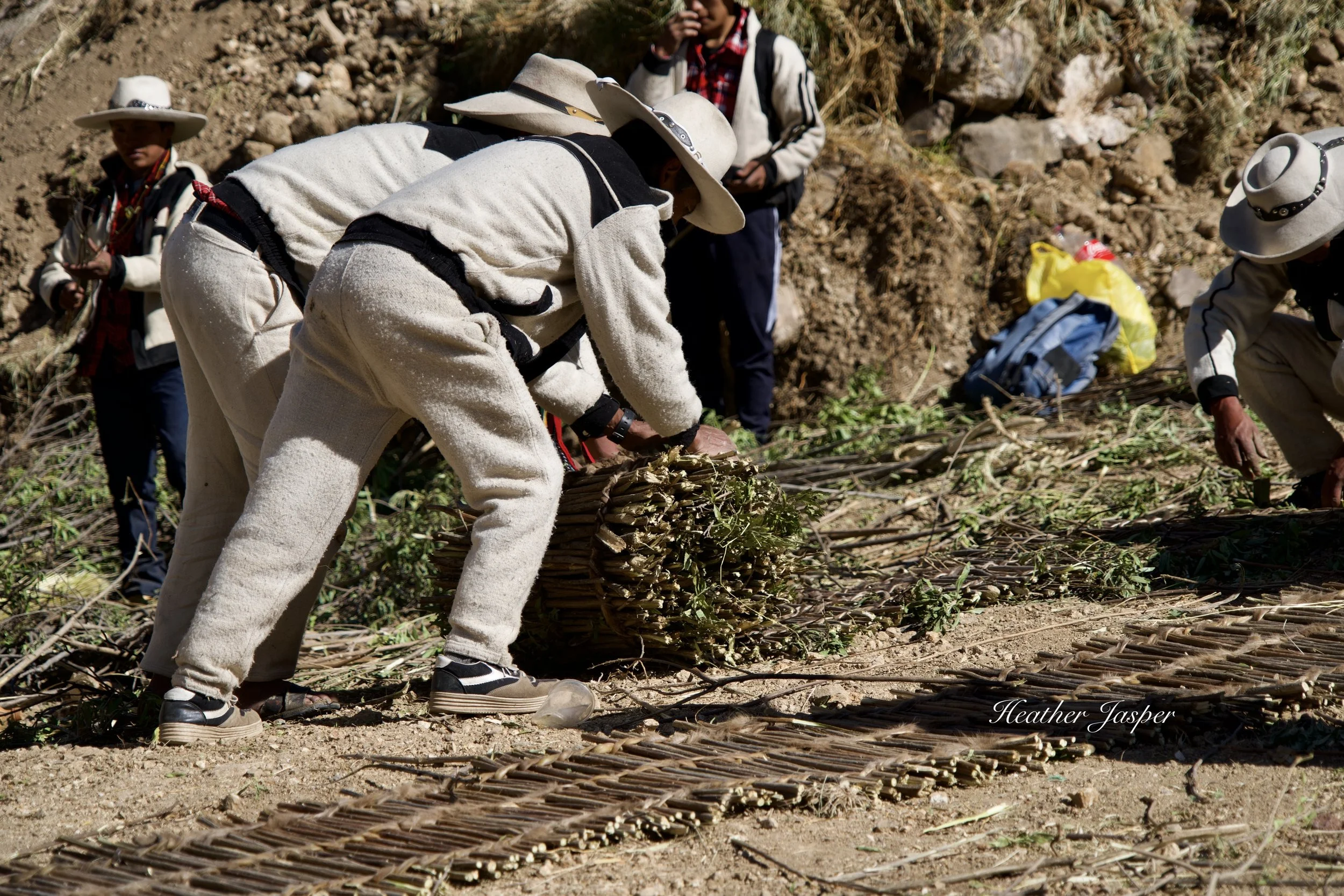 Men make the floor of the bridge with sticks.