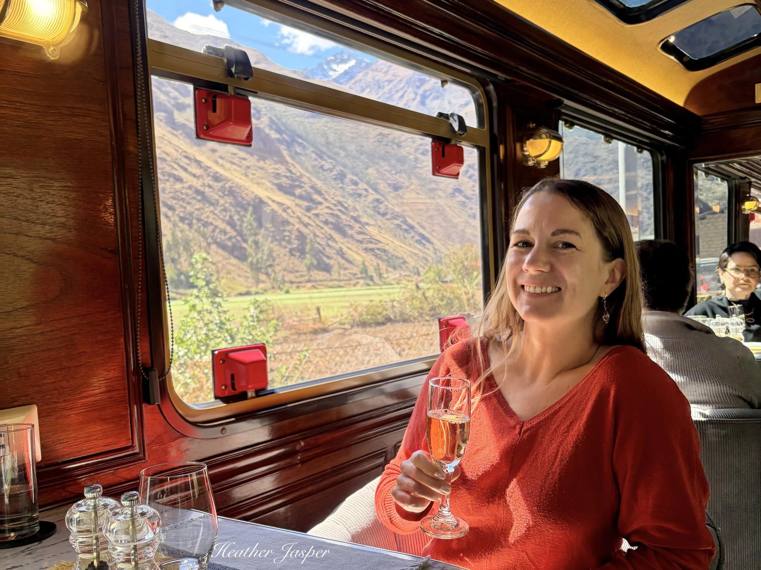 sparkling wine on IncaRail First Class to Machu Picchu Peru