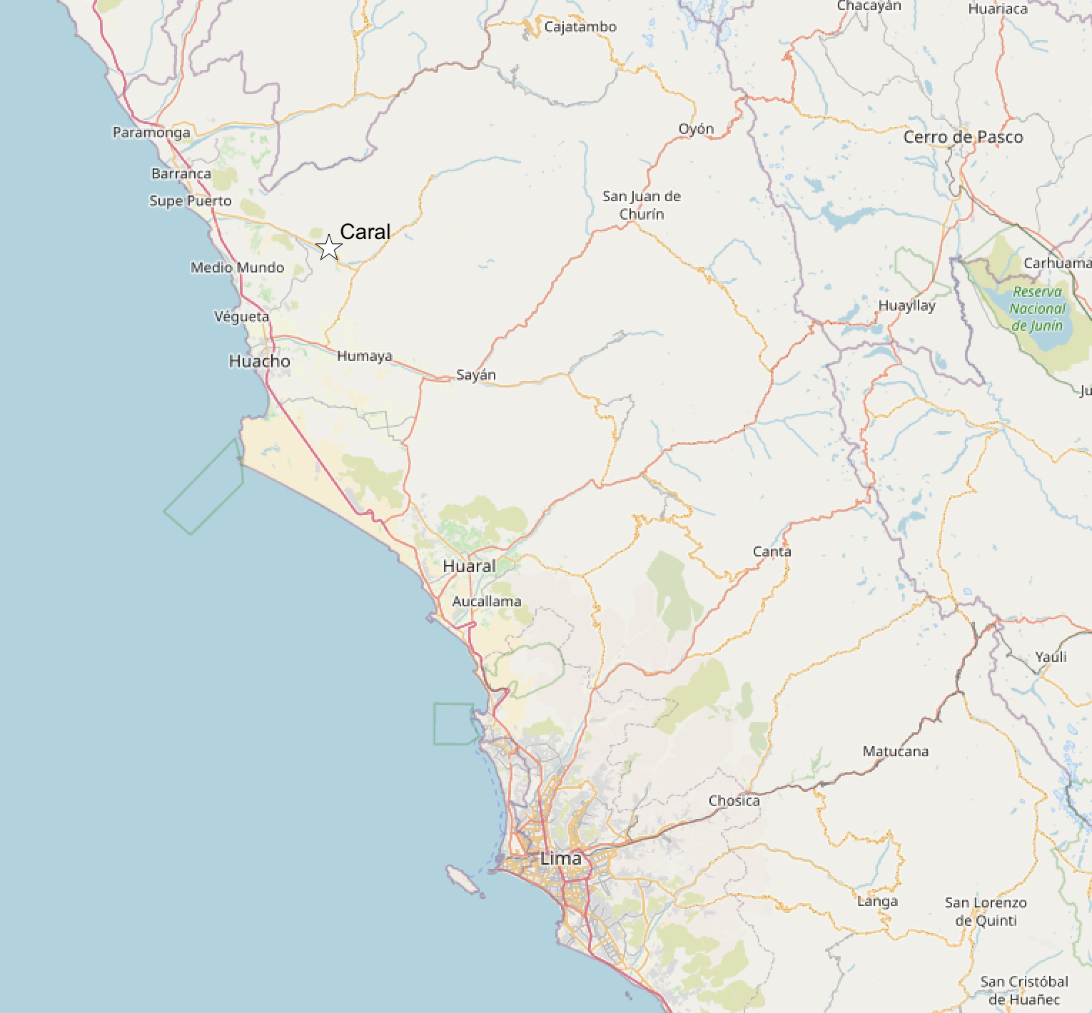 map to Caral from Lima Peru