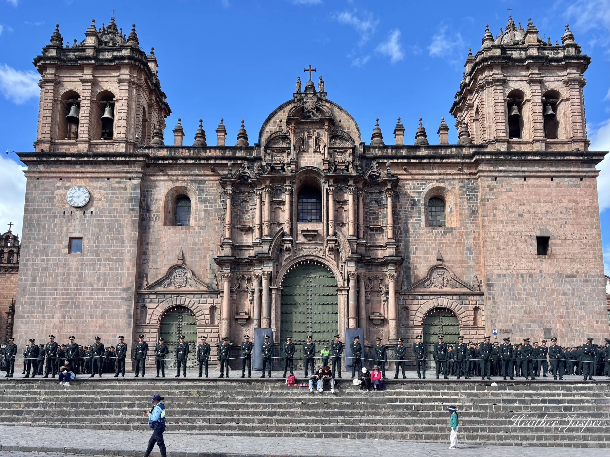 Police guard the cathedral of Cusco Peru