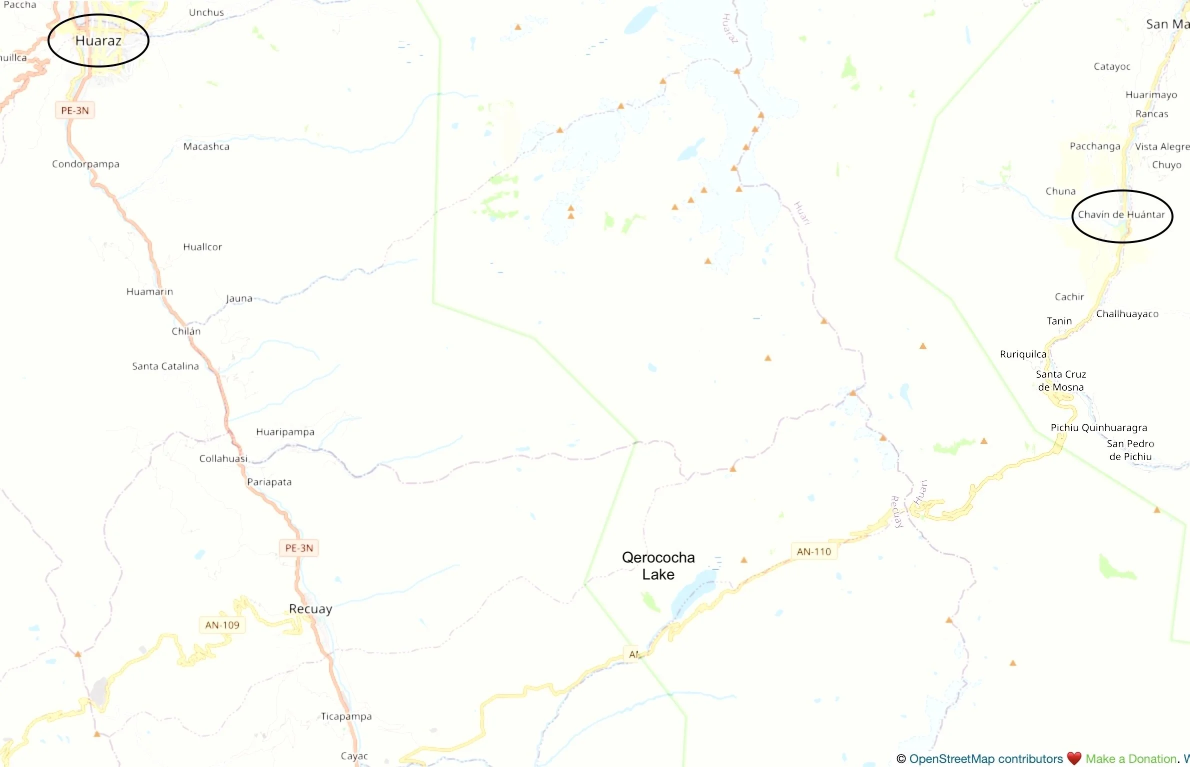 map Huaraz to Chavin de Huantar Peru