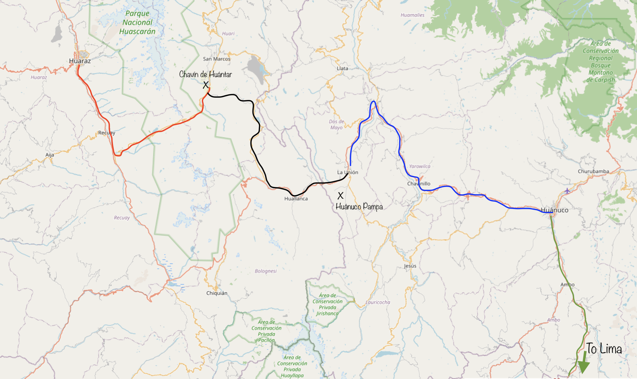 road trip map Huaraz to Lima Peru