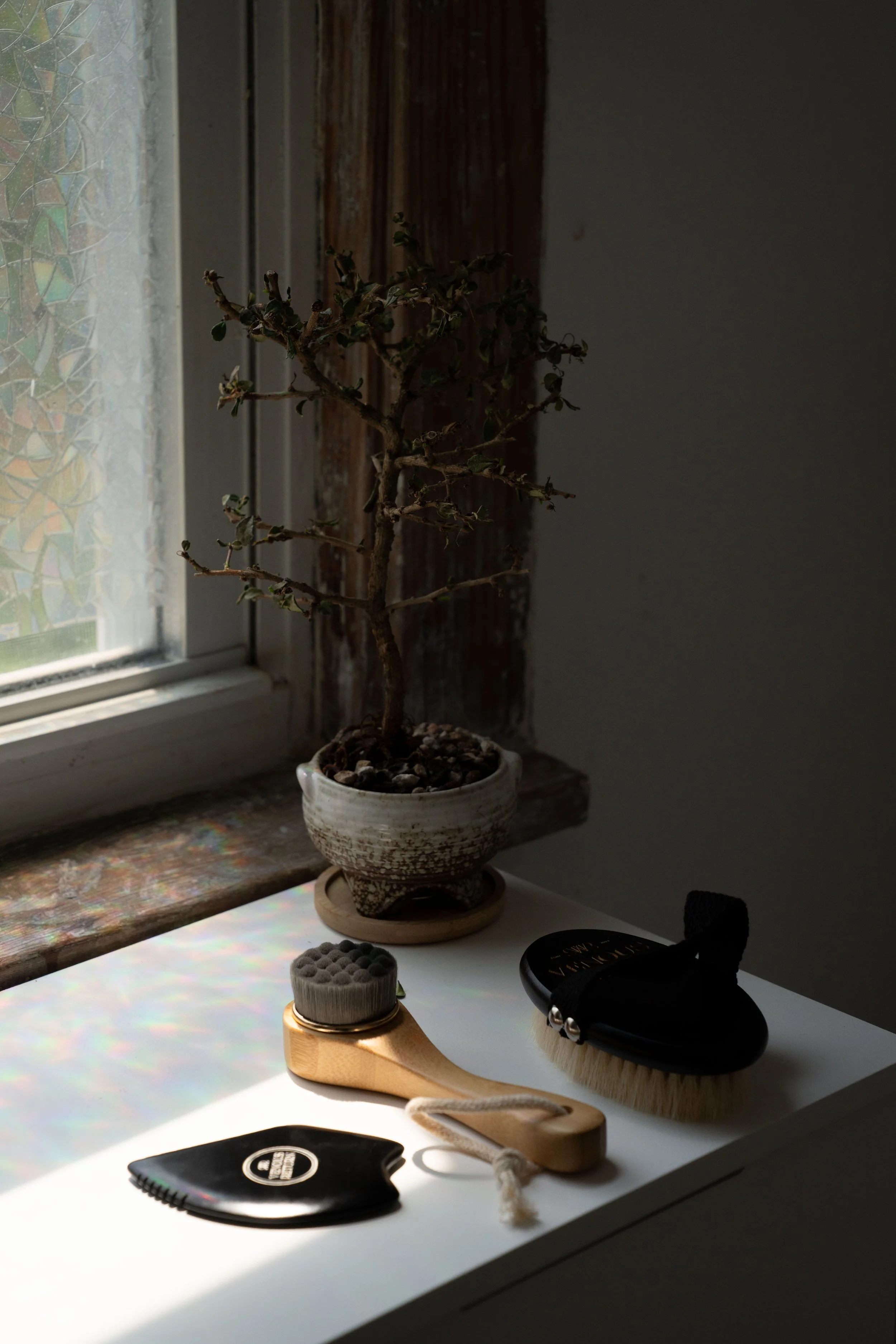 Venous Return Healing's tools for self massage and lymphatic drainage including the Bamboo Facial Dry Brush, Body Dry Brush, and Bian Gua Sha Stone.