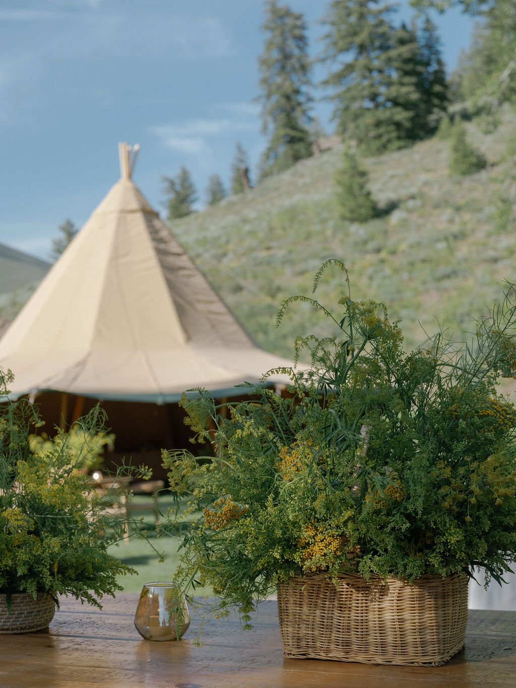 A wicker basket filled with green and yellow wildflowers on a wooden table. In the background, a teepee-style tent and a hillside with trees under a blue sky.