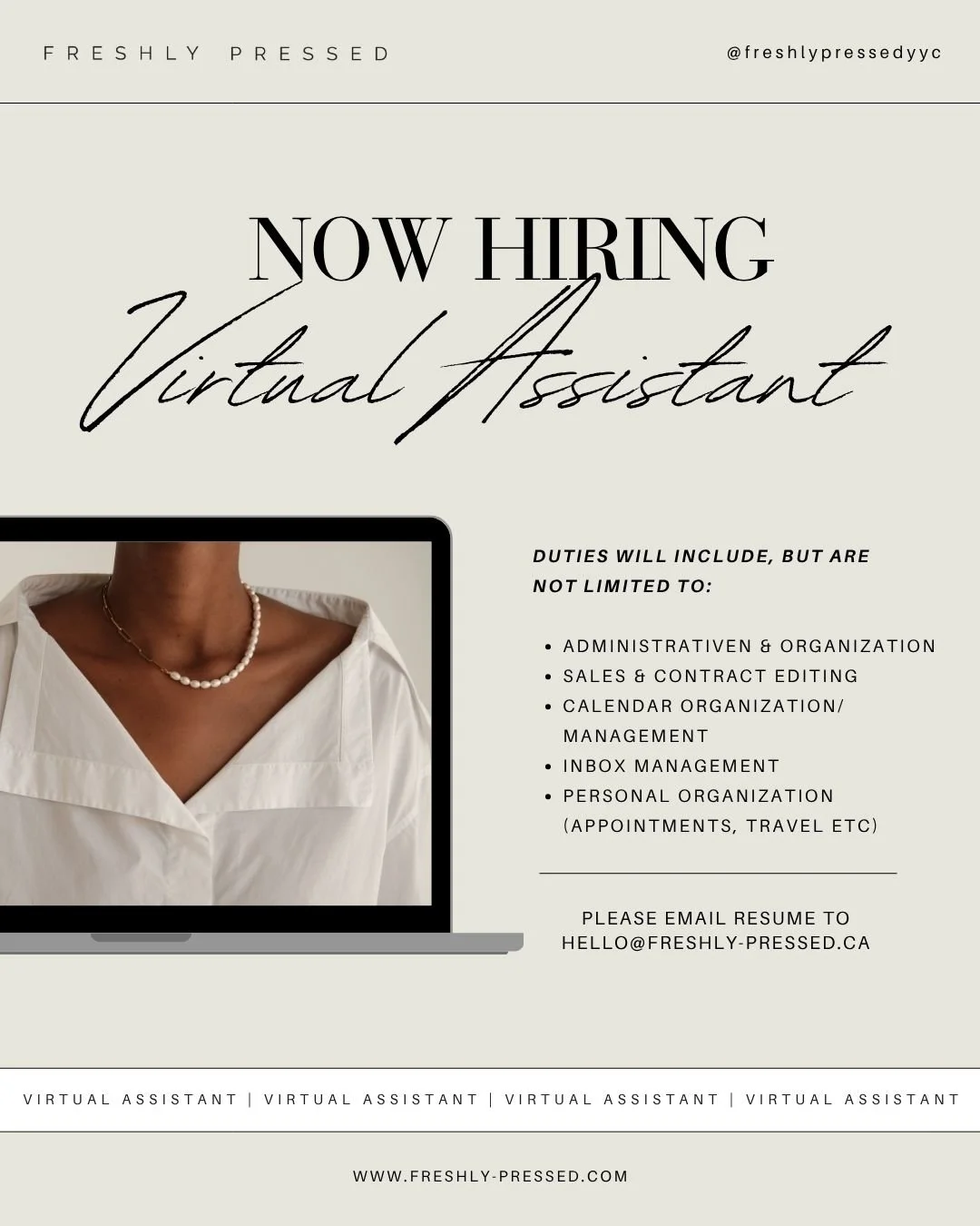We&rsquo;re hiring! Freshly Pressed is looking for a Virtual Assistant who loves lists, order, and getting things done.

30 hrs/week &middot; Remote &middot; Flexible &middot; Start ASAP 

hello@freshly-pressed.ca
