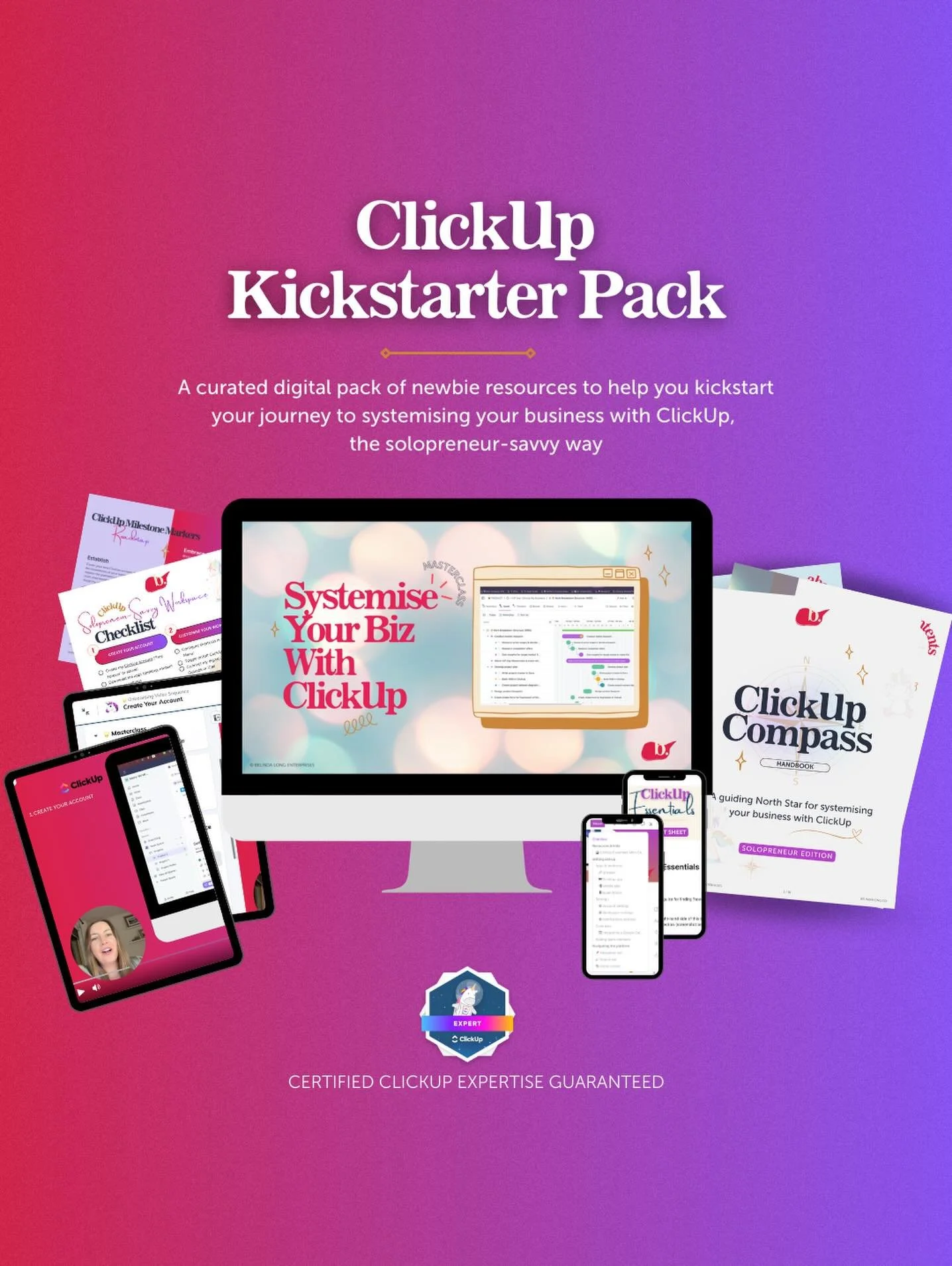 Ready to supercharge your solopreneurial biz ops??

Then this bad boy has got you covered! 

The ClickUp Kickstarter Pack is curated to help you leverage this one powerful platform so you can step out of the chaos &amp; into a a savvy, airtight &amp;
