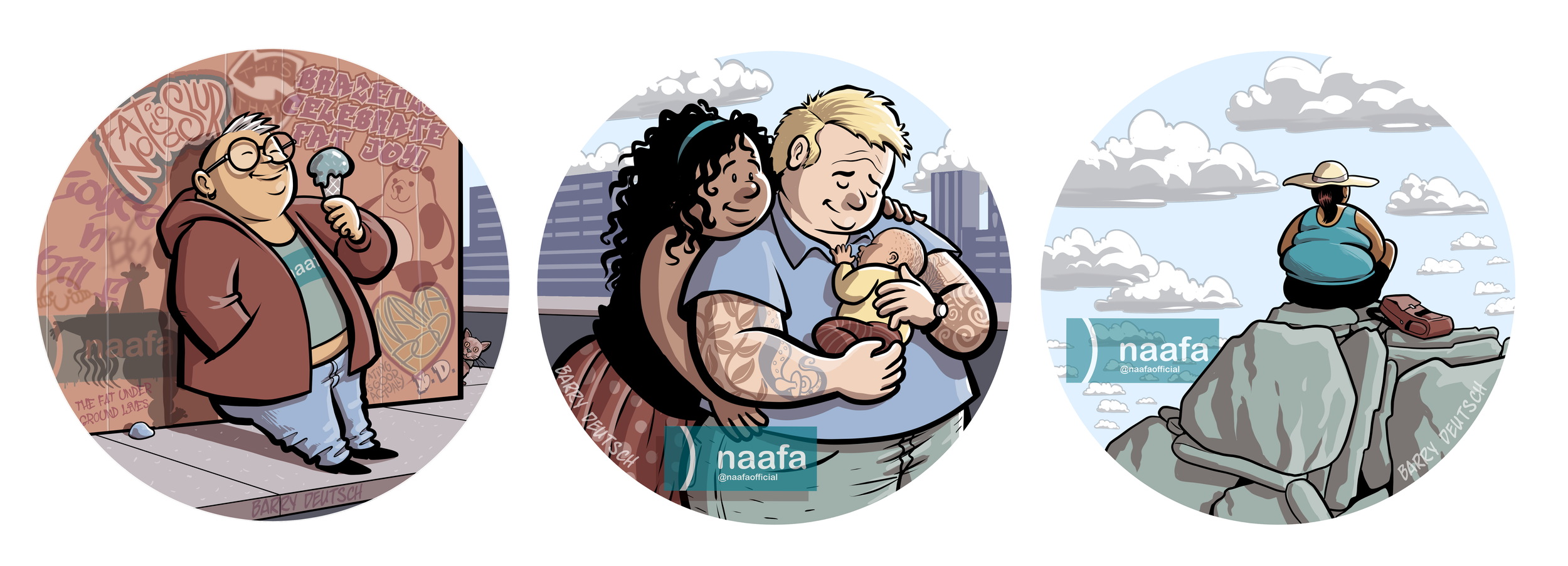 Three stickers designed by Barry Deutsch