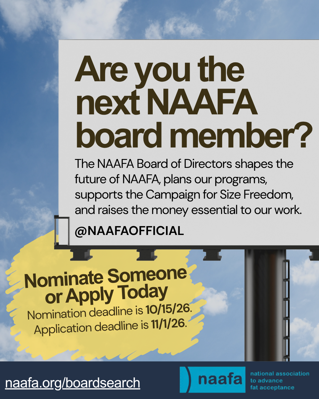 [Accessibility Description: An illustration of a billboard, with blue sky and clouds behind it, displays information about the NAAFA Board Search. The NAAFA logo also appears.]