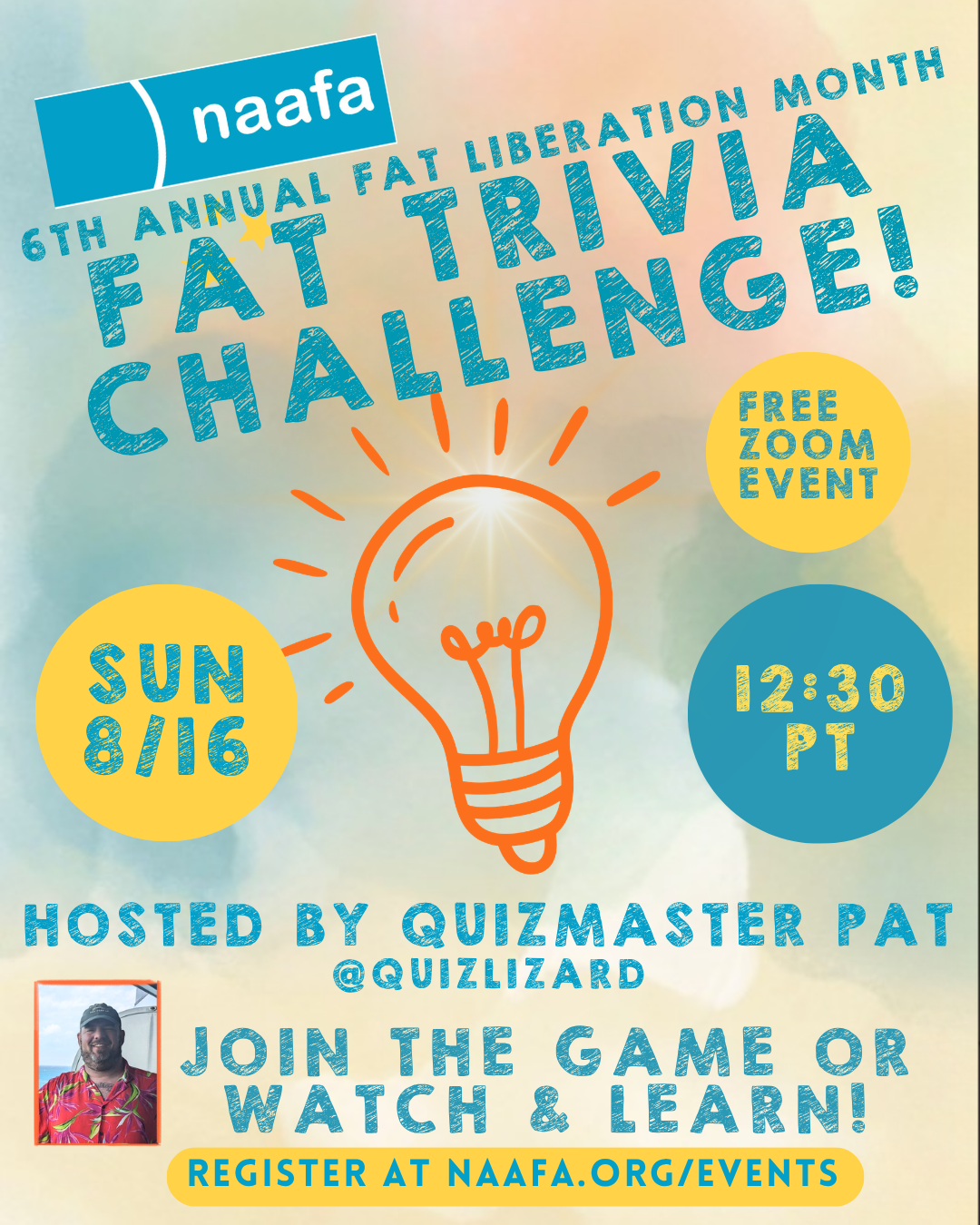 [Accessibility Description: This flyer promotes the event described on this webpage. It has a pastel multi-colored background and features the NAAFA logo as well as a photo of the event guest.]