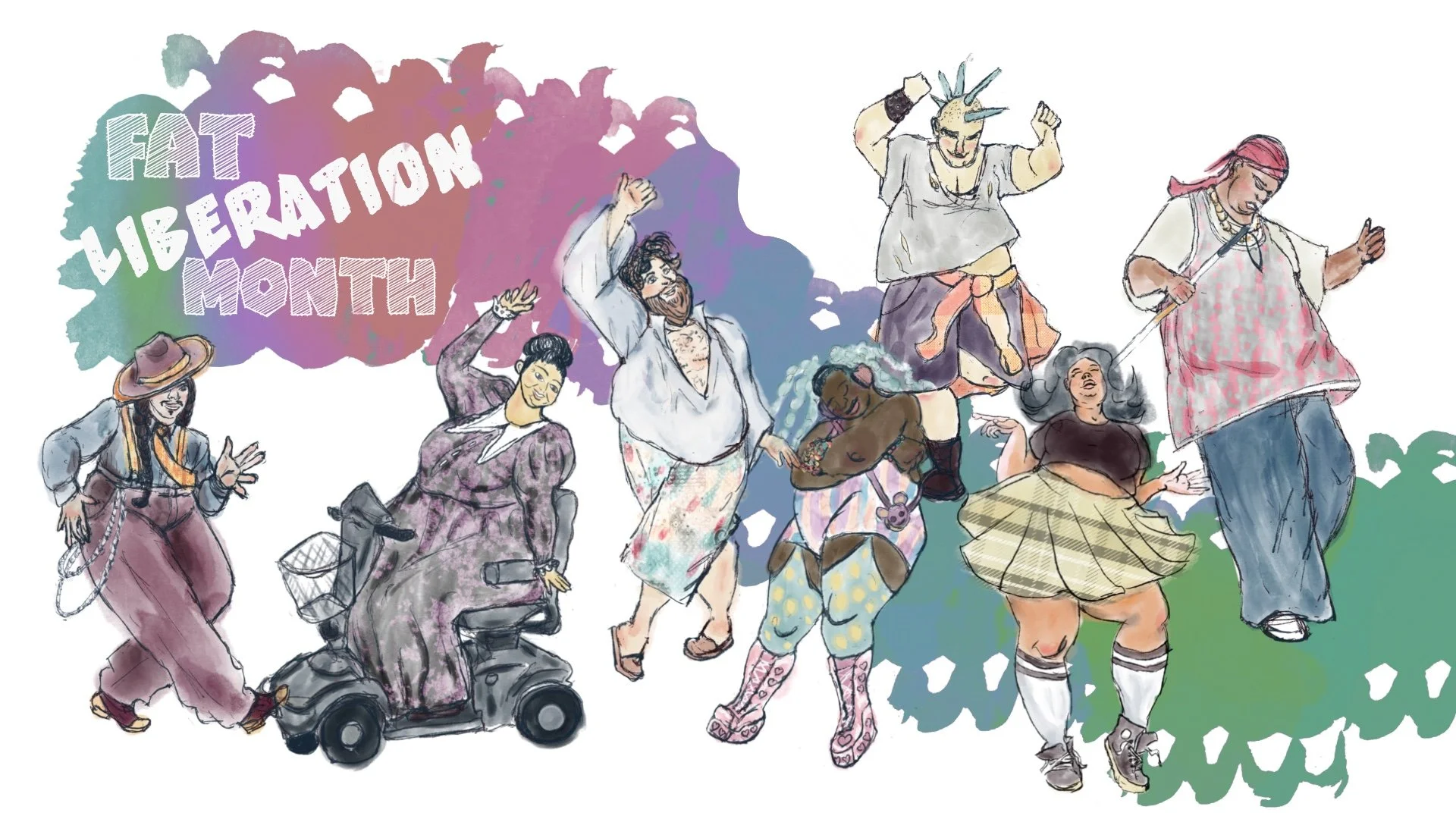 [Accessibility Description: This image features whimsical watercolor artwork by Donyae Coles showing fat people of various shapes, sizes, skin colors, and hair colors.]