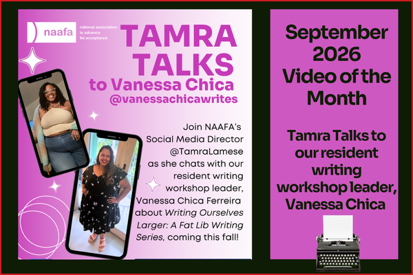 [Image Description: A screenshot of the the flyer for Tamra Talks and the following text along the side: September 2026 Video of the Month. Tamra Talks to our resident writing workshop leader, Vanessa Chica.”]