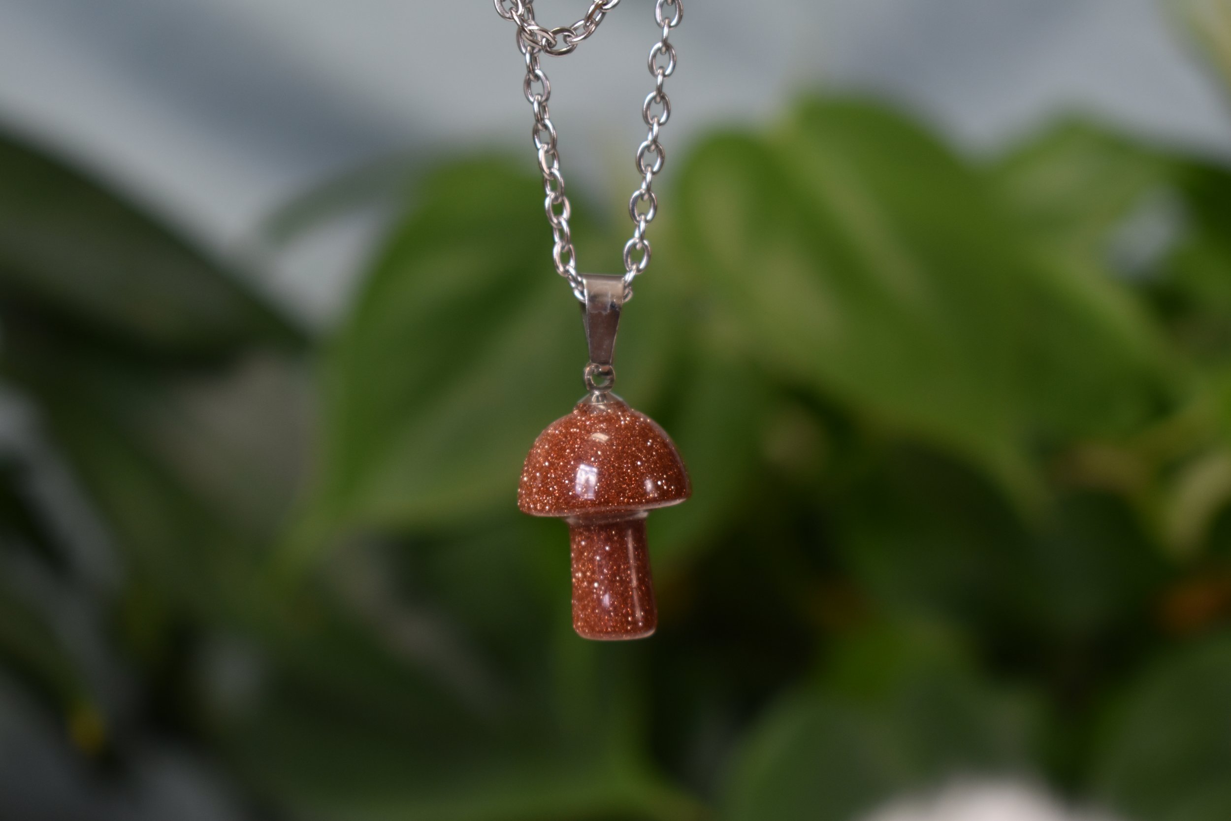Goldstone mushroom necklace