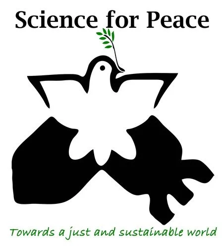 A dove holding an olive branch in its beak with black wings, symbolizing peace, above text 'Science for Peace' and below text 'Towards a just and sustainable world'.