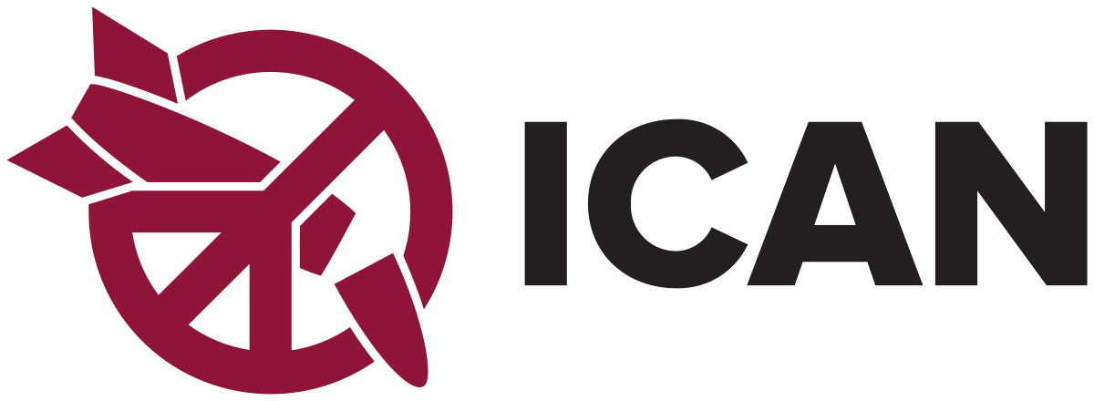 Logo with a maroon-colored airplane inside a circle with a slash through it and the word 'ICAN' in black next to it.