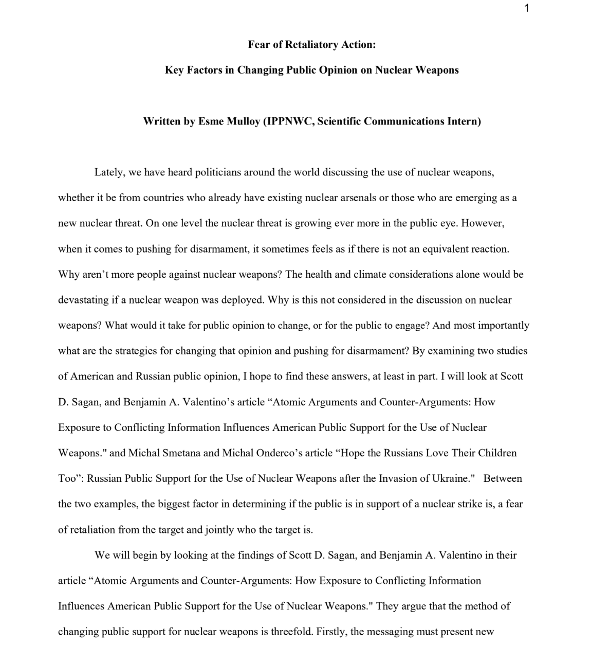Fear of Retaliatory Action: Key Factors in Changing Public Opinion on Nuclear Weapons