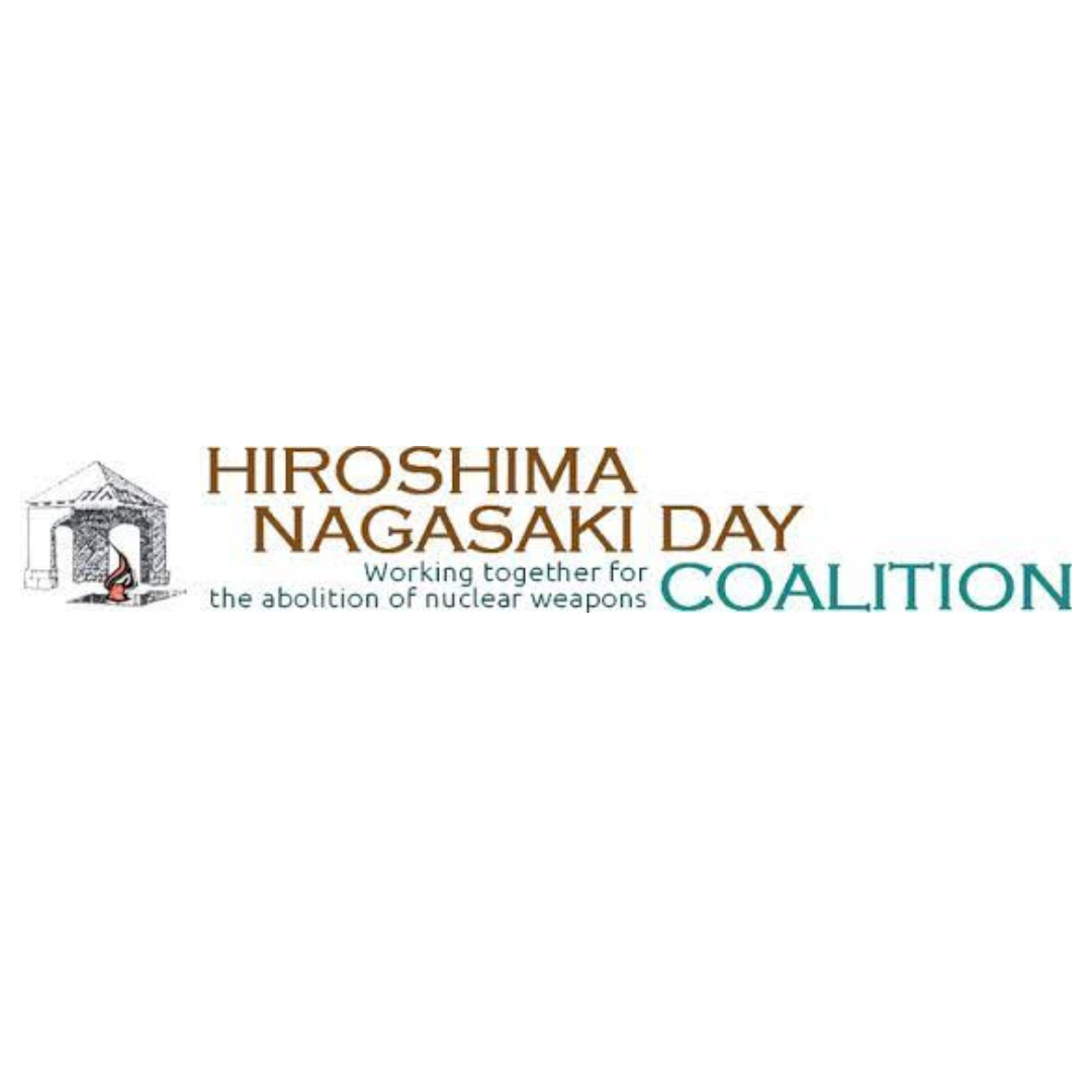 Hiroshima Nagasaki Day coalition logo with text and a small illustration of a shrine or gate with a person sitting underneath.