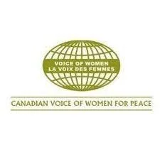Logo of the Canadian Voice of Women for Peace, featuring a green globe with text in French and English.