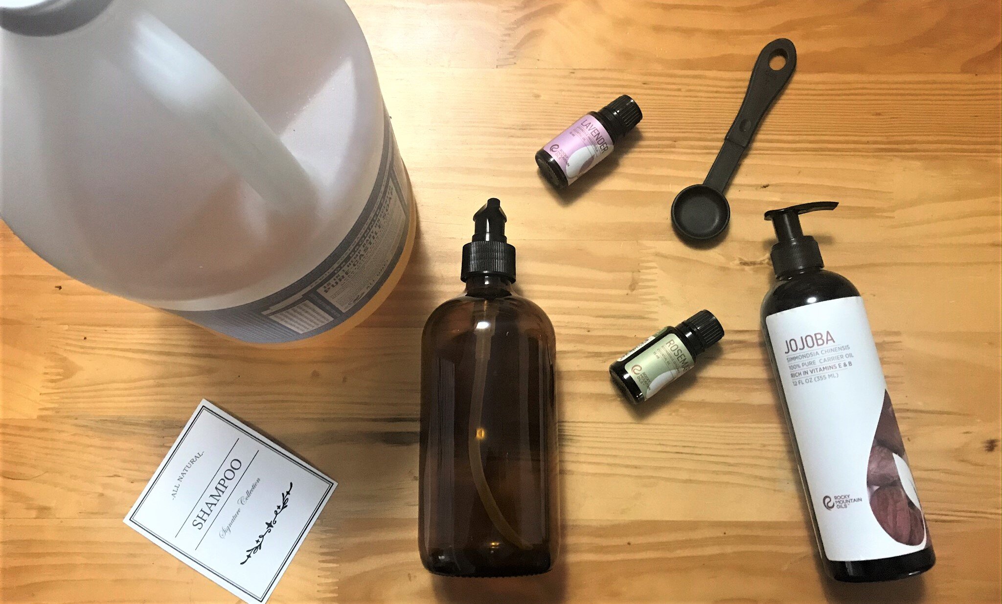 Making homemade shampoo only takes 10 minutes or less. All you need is liquid castile soap, jojoba oil, water, and your favorite essential oils. I like to use rosemary and lavender for hair growth and ultimate scalp health.