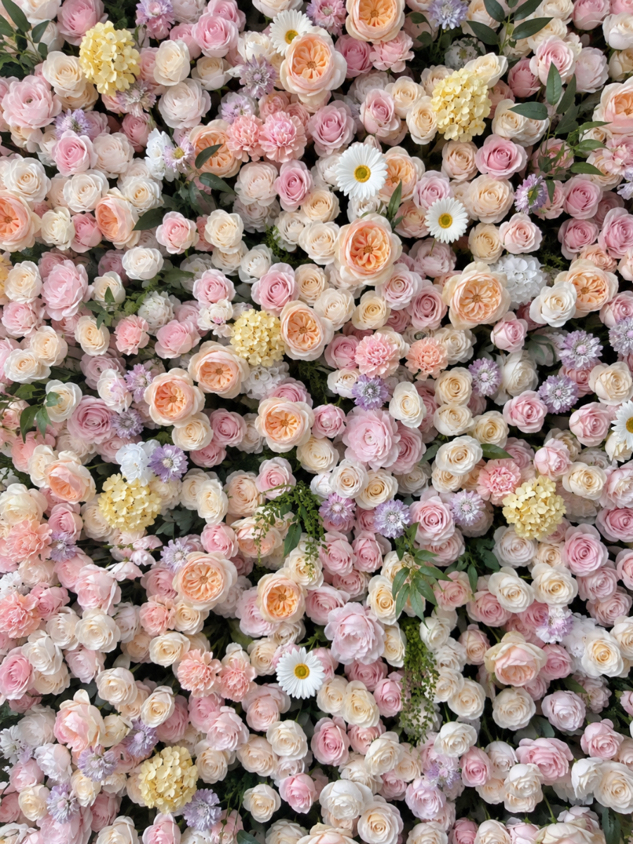 Lush **Bella Rosa flower wall** by **Flower Walls Las Vegas**, featuring blush pink, ivory, peach, cream, pale yellow, and lavender roses with white daisies and greenery