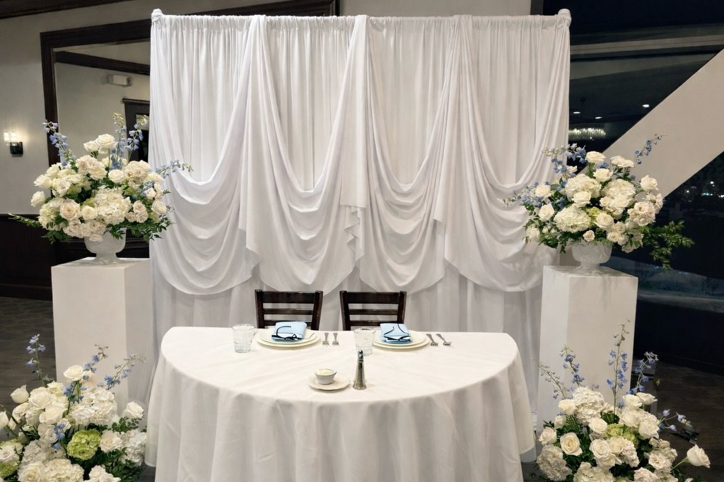 Our luxe pipe &amp; drape options help you define space or create the perfect backdrop for your event. 🤍 Endless colors, patterns, and textures to choose from. Let our talented team bring your vision to life for your wedding, event, trade show, or a