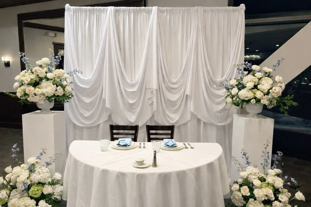 Our luxe pipe &amp; drape options help you define space or create the perfect backdrop for your event. 🤍 Endless colors, patterns, and textures to choose from. Let our talented team bring your vision to life for your wedding, event, trade show, or a