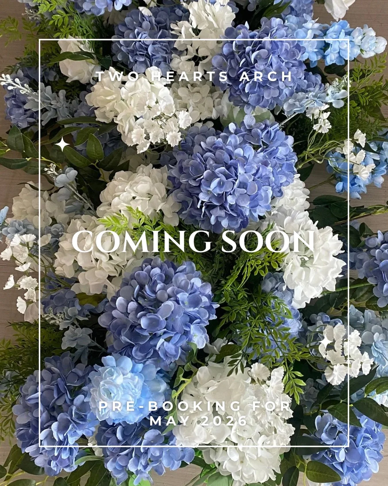 Coming Soon! A whimscical flower arch. Hydrangea, delphinium, and fern make our Two Hearts flower arch a show stopper! 💍 Perfect for wedding ceremonies, sweetheart tables, proposals, bridal showers, and corporate events. 8ft tall. Pre-booking for Ma