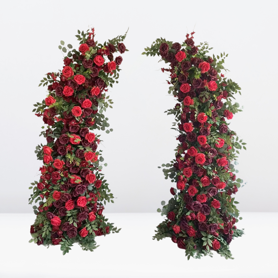 red and burgundy rose flower arch rental flower walls Las Vegas hearts desire flower arch