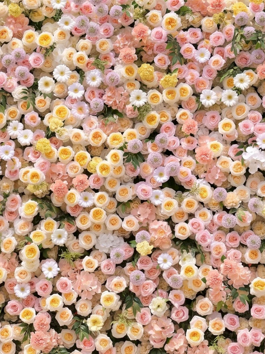 Blush pink, ivory, peach, and cream flower wall backdrop featuring roses, daisies, and pastel florals for weddings, baby showers, bridal showers, and luxury events in Las Vegas